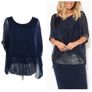 Eva Zissu Design Aruba Parker Navy Silk Sequin Top Size Small